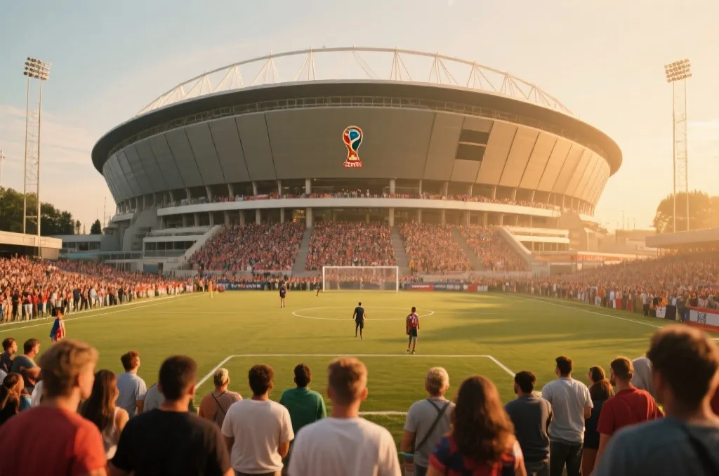 世界杯体育场外景与球迷聚集，体现盛事氛围与全球关注